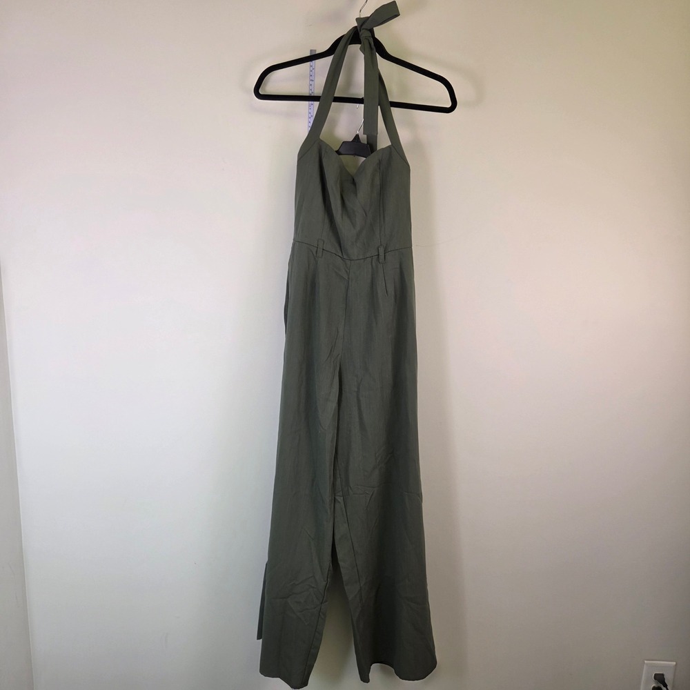 Olive Green Halter Neck Tapered Leg Jumpsuit with Back Zip and Belt Loops